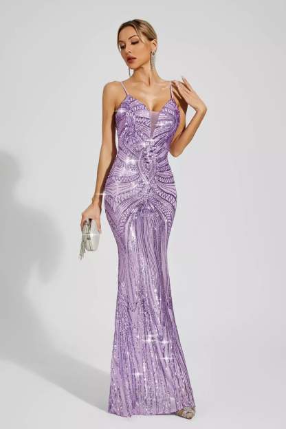 Purple Metallic V-neck Strappy Backless Embellished Sequins Mermaid Party Maxi Dress | Mix Mix Style