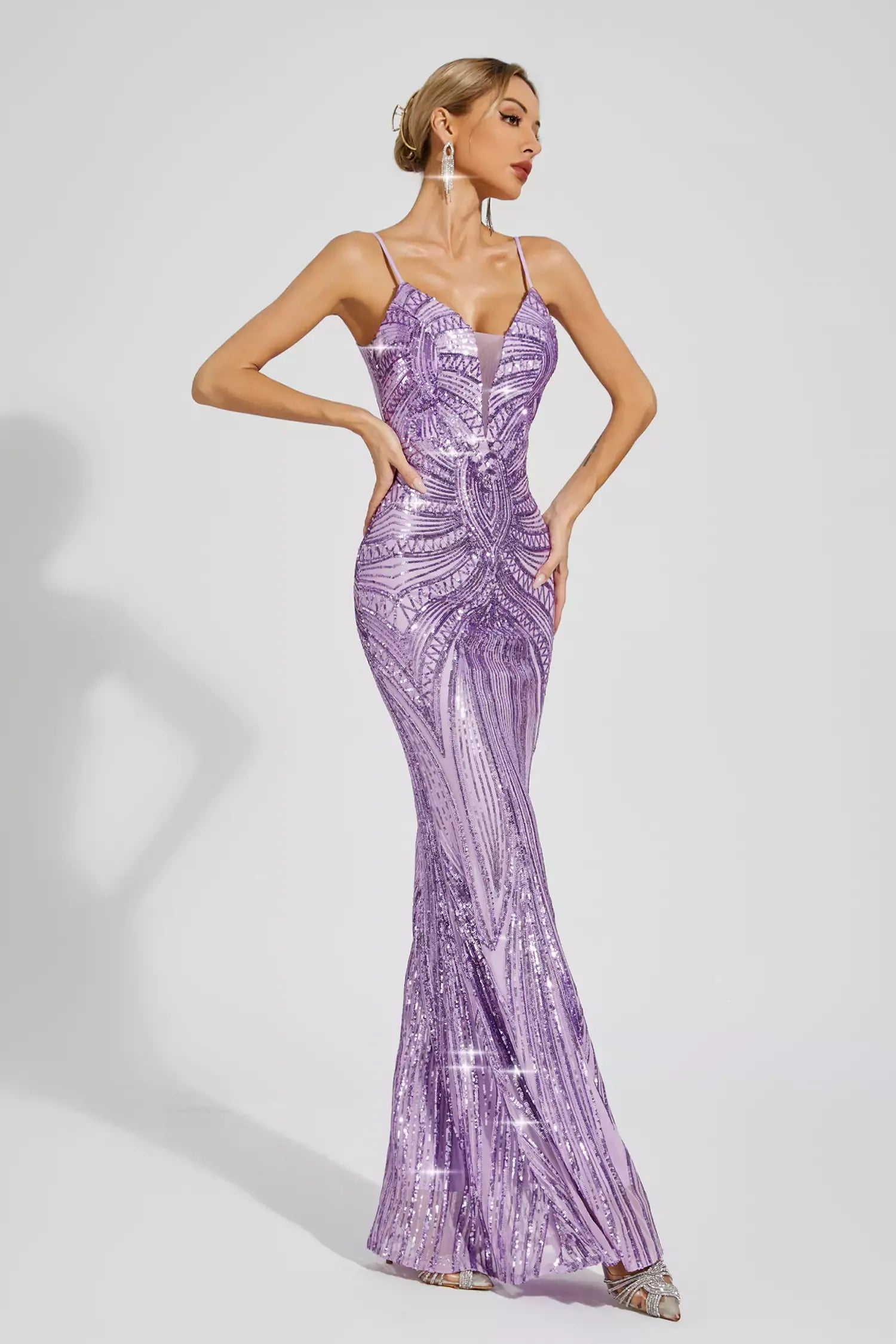 Purple Metallic V-neck Strappy Backless Embellished Sequins Mermaid Party Maxi Dress | Mix Mix Style
