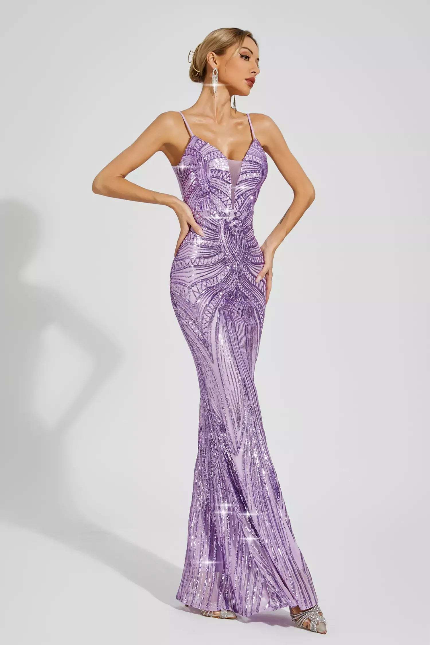 Purple Metallic V-neck Strappy Backless Embellished Sequins Mermaid Party Maxi Dress | Mix Mix Style-Mix MIx Style
