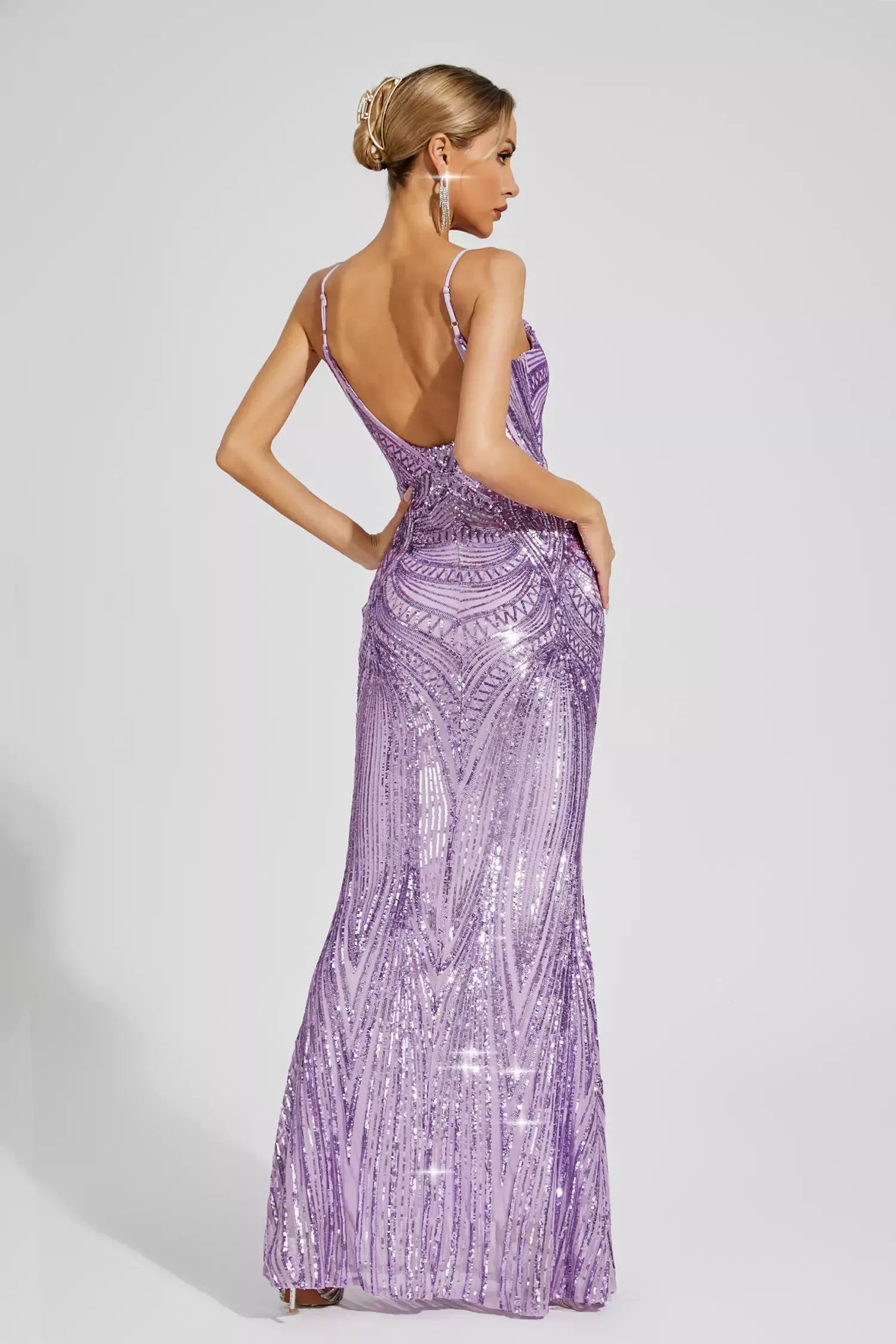 Purple Metallic V-neck Strappy Backless Embellished Sequins Mermaid Party Maxi Dress | Mix Mix Style
