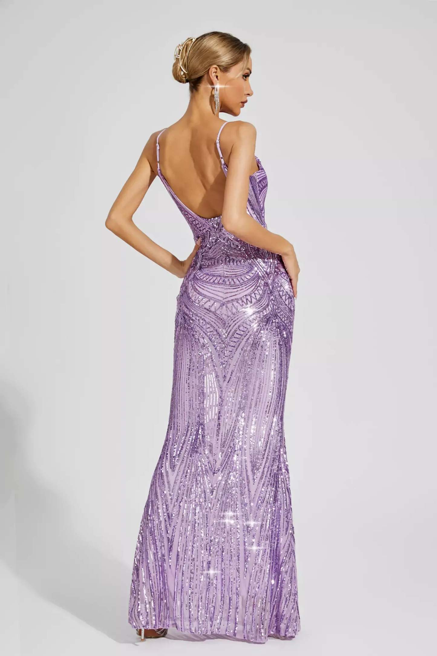 Purple Metallic V-neck Strappy Backless Embellished Sequins Mermaid Party Maxi Dress | Mix Mix Style