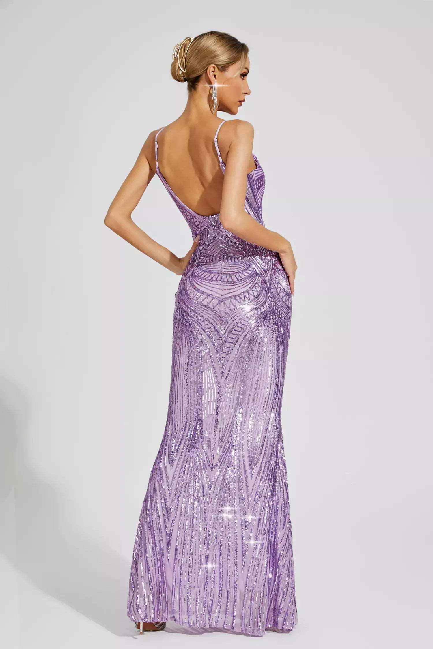 Purple Metallic V-neck Strappy Backless Embellished Sequins Mermaid Party Maxi Dress | Mix Mix Style