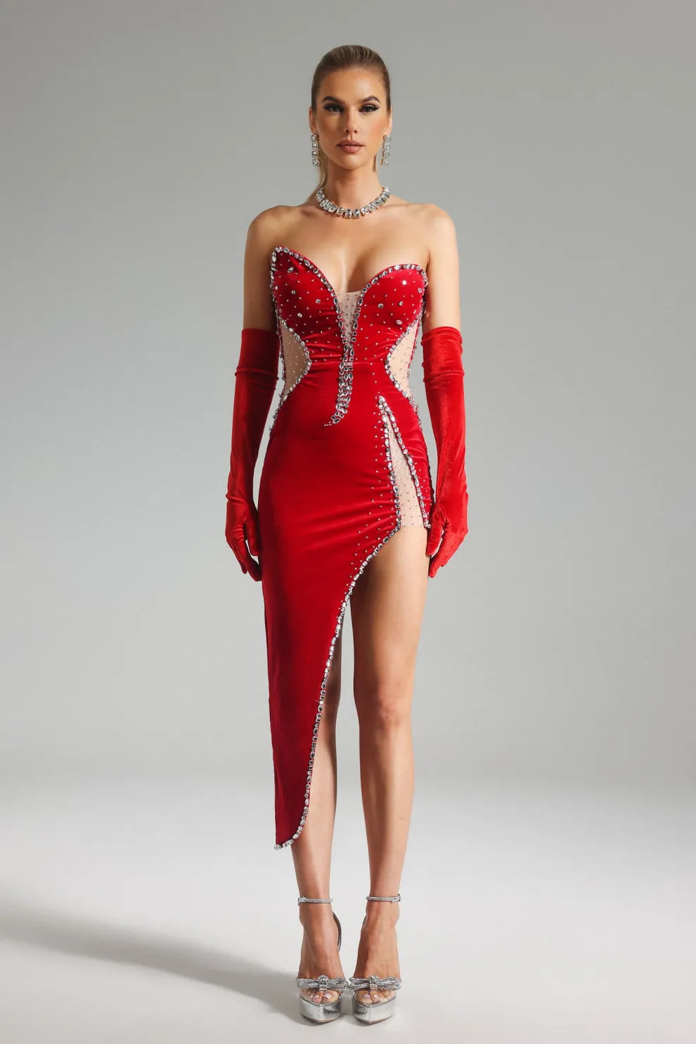 red irregular strapless cutout Diamonds Embellished Velvet cocktail mini Dress | Mix Mix Style