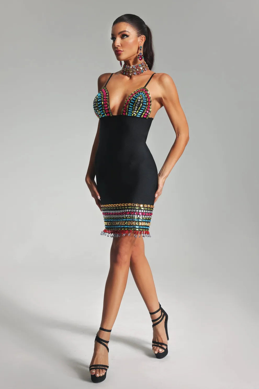 Black colorful V-neck Backless Strappy Embellished Diamante Bandage summer Mini Dress | Mix Mix Style