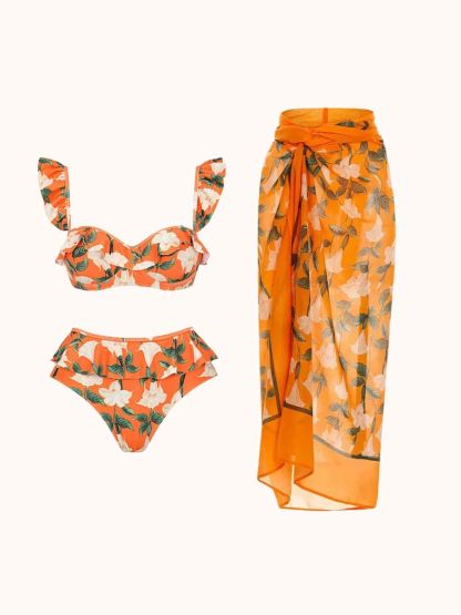 Tropical Orange Ruffle Printed Bikini Three Piece Set | Mix Mix Style-Mix MIx Style