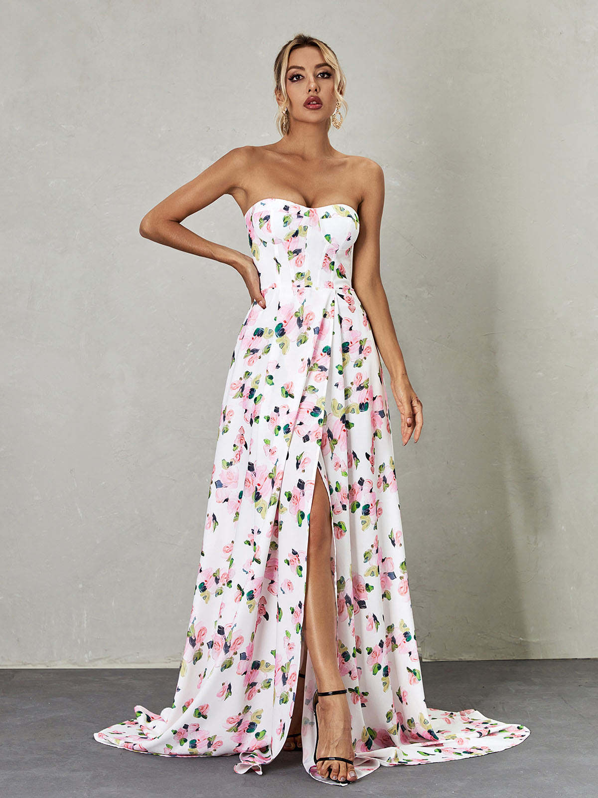 White Strapless Floral Split Maxi Dress | Mix Mix Style [Hot Seller]-Mix MIx Style
