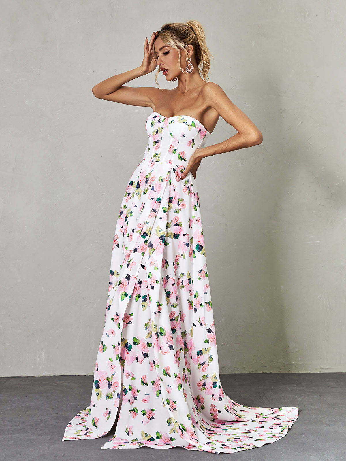 White Strapless Floral Split Maxi Dress | Mix Mix Style [Hot Seller]-Mix MIx Style