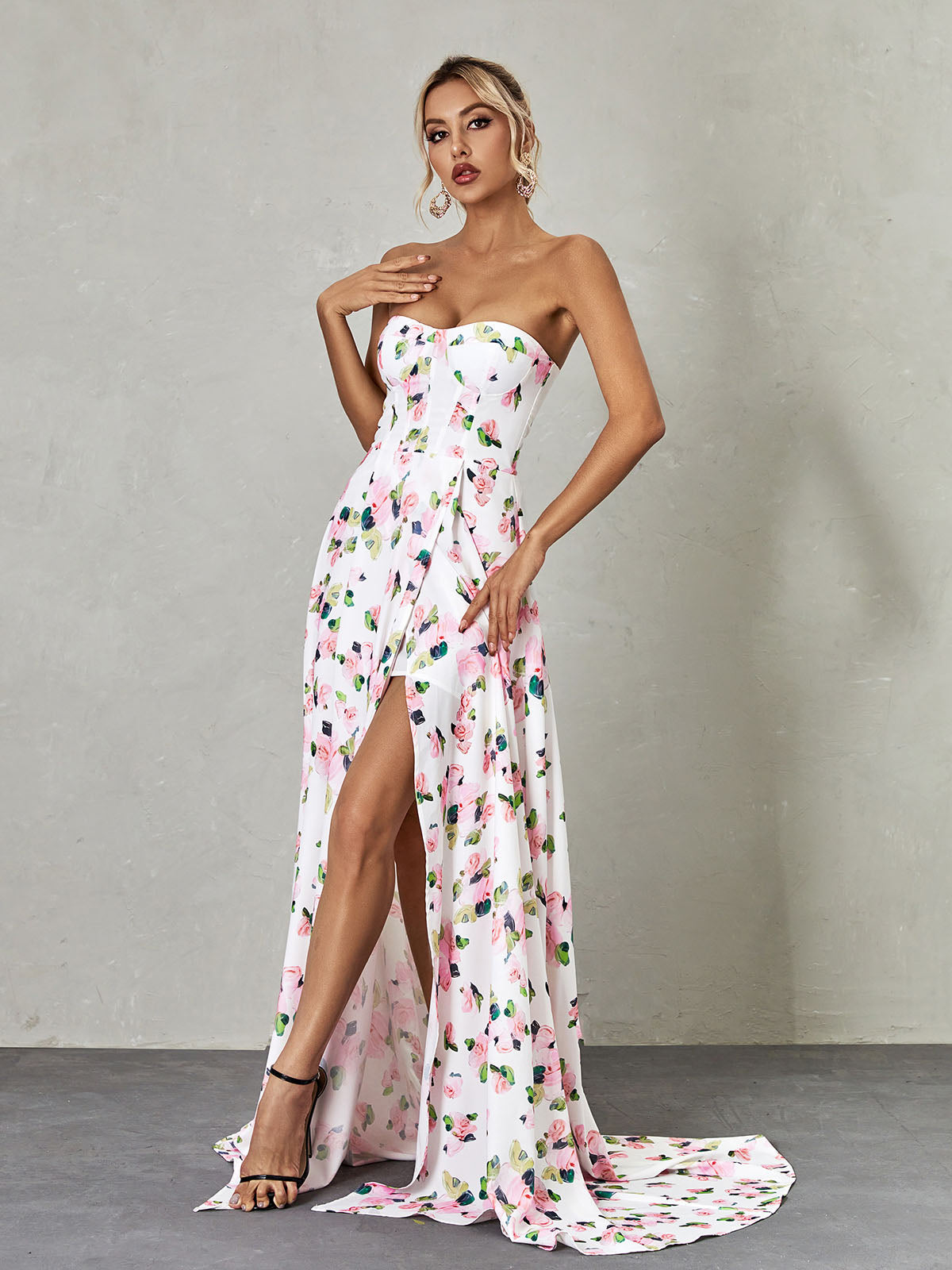 White Strapless Floral Split Maxi Dress | Mix Mix Style [Hot Seller]-Mix MIx Style