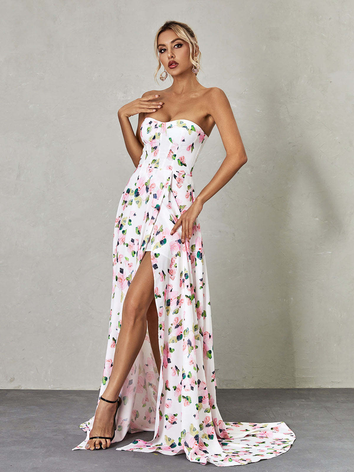 White Strapless Floral Split Maxi Dress | Mix Mix Style [Hot Seller]-Mix MIx Style
