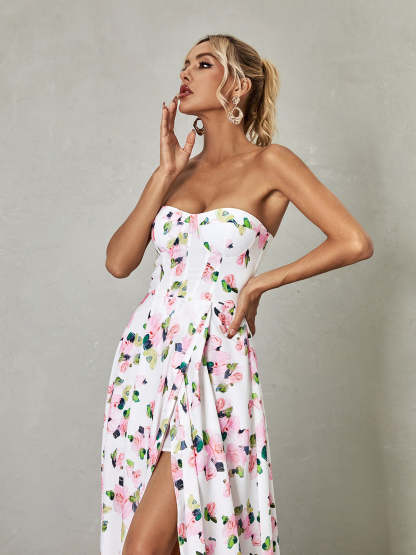 White Strapless Floral Split Maxi Dress | Mix Mix Style [Hot Seller]-Mix MIx Style