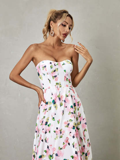 White Strapless Floral Split Maxi Dress | Mix Mix Style [Hot Seller]-Mix MIx Style