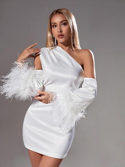 Klara Satin Feather Trimmed Mini Dress In White-Mix MIx Style