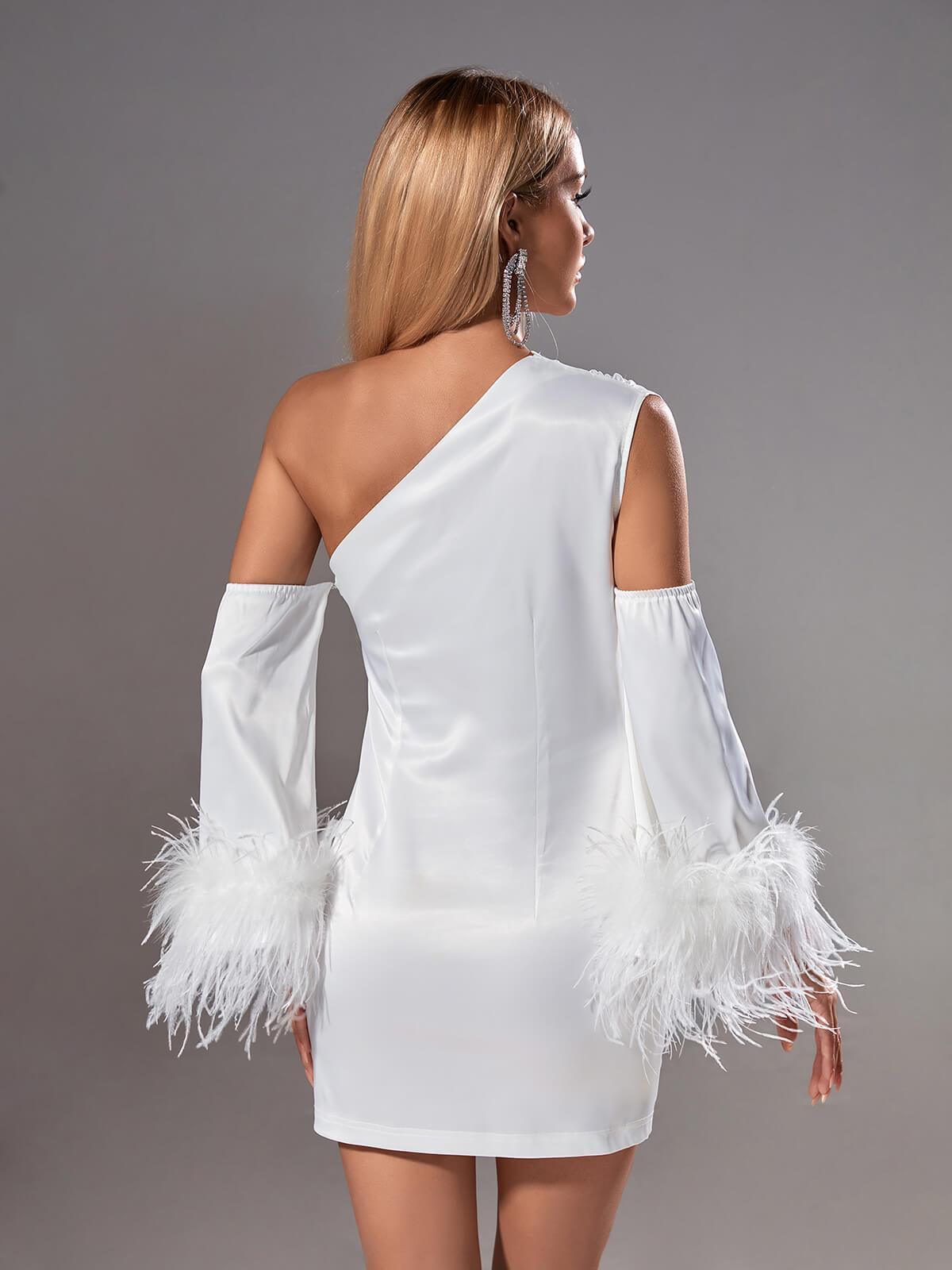 Klara Satin Feather Trimmed Mini Dress In White-Mix MIx Style