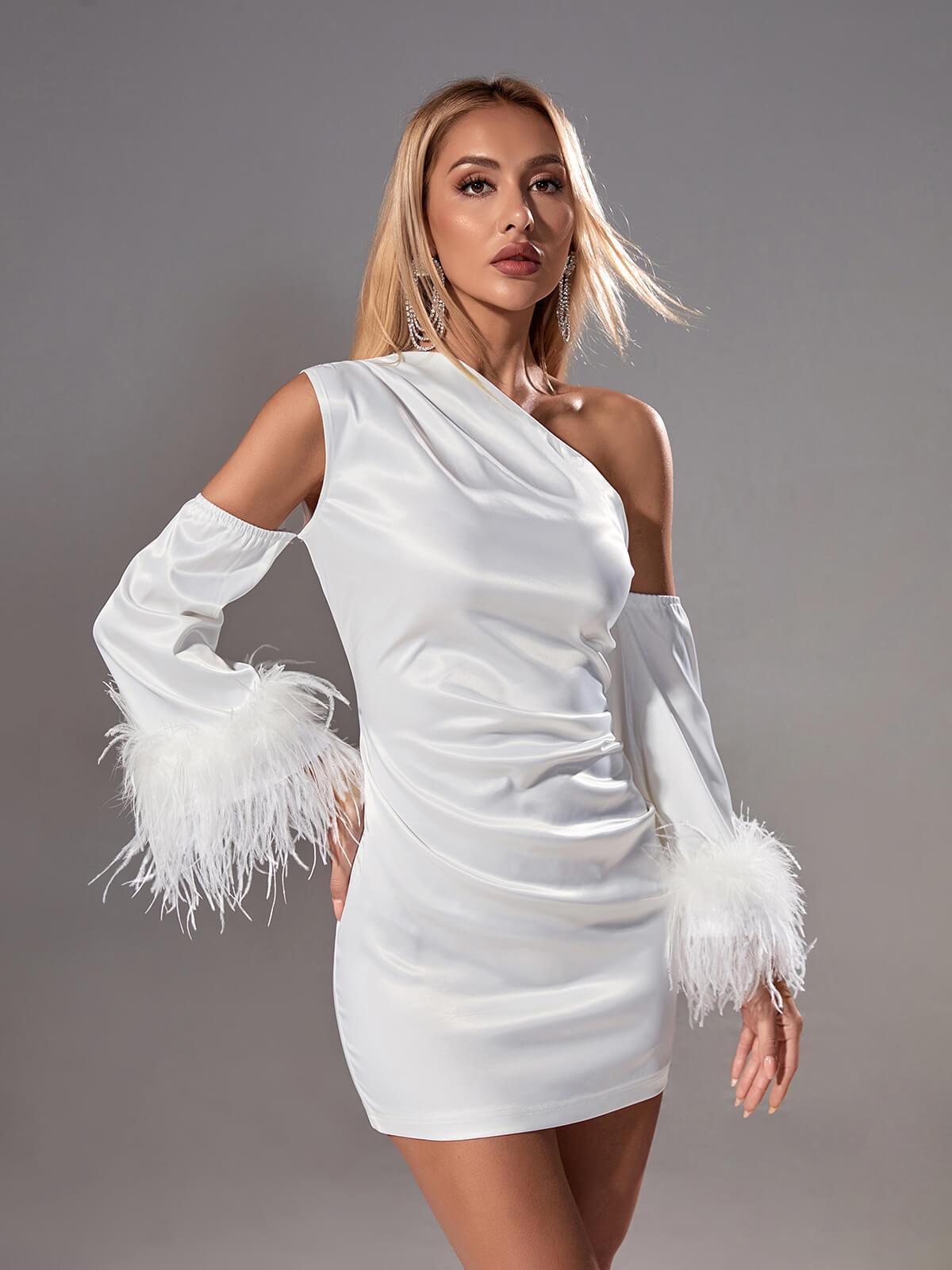 Klara Satin Feather Trimmed Mini Dress In White-Mix MIx Style
