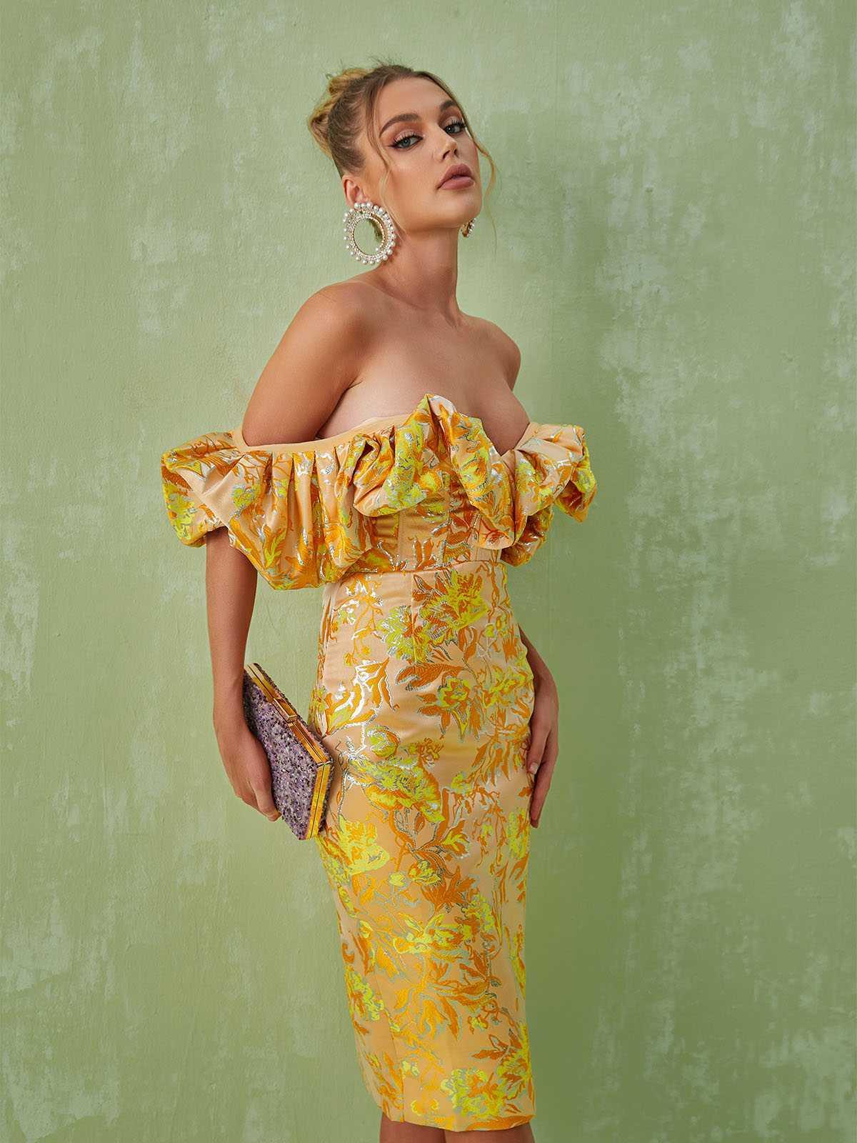 Kore Off Shoulder Jacquard Midi Dress-Mix MIx Style