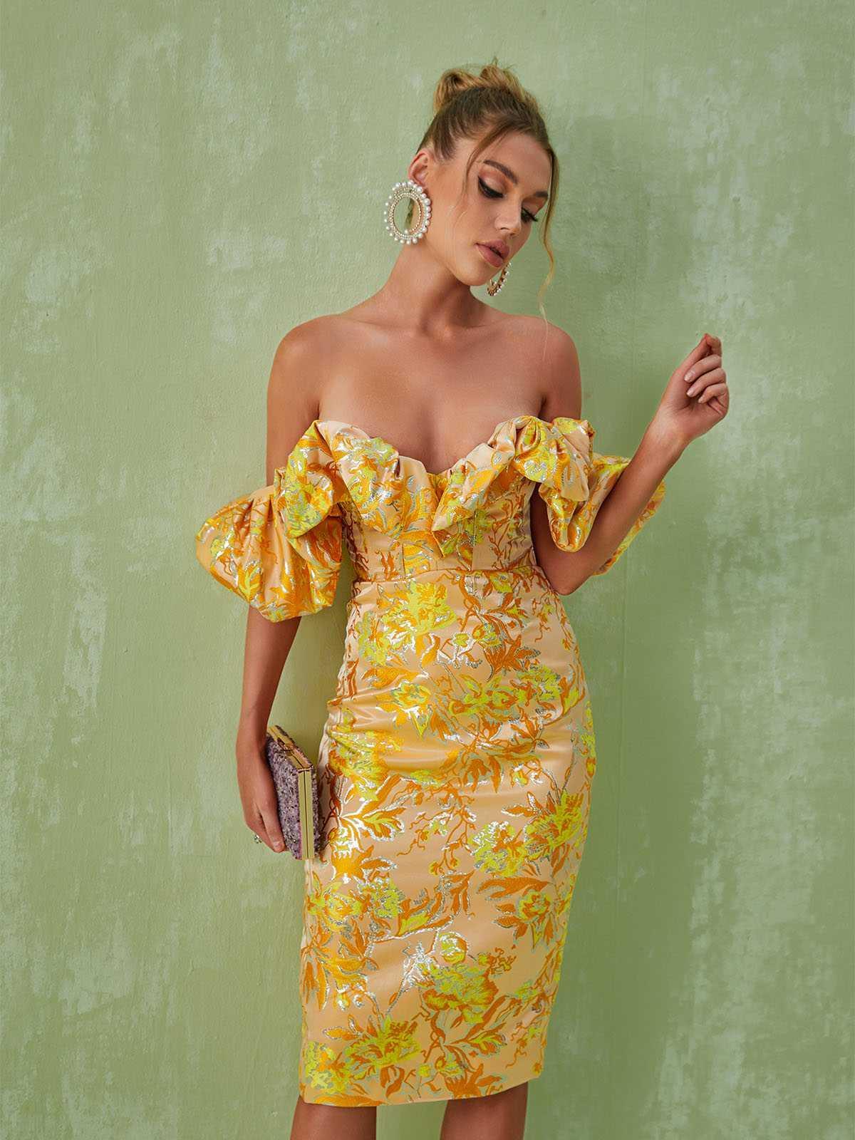 Kore Off Shoulder Jacquard Midi Dress-Mix MIx Style