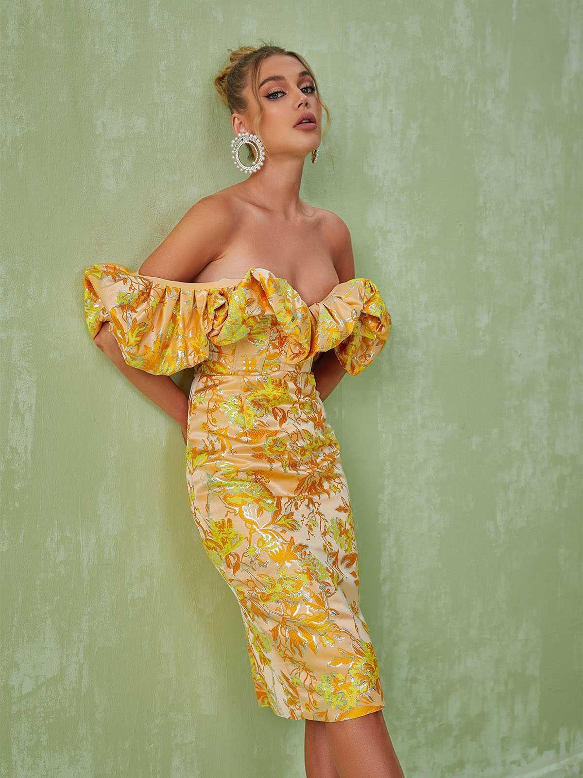 Kore Off Shoulder Jacquard Midi Dress-Mix MIx Style