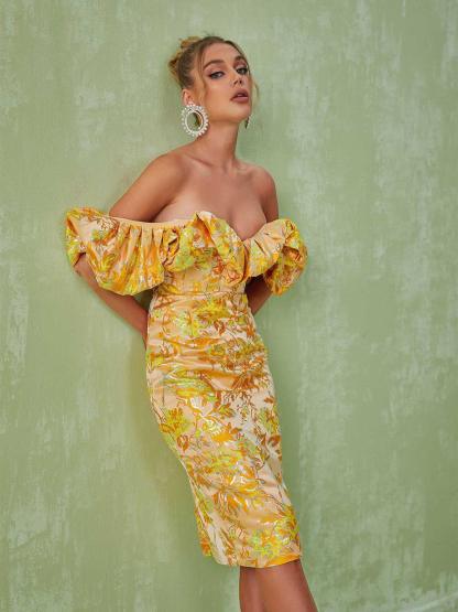 Kore Off Shoulder Jacquard Midi Dress-Mix MIx Style