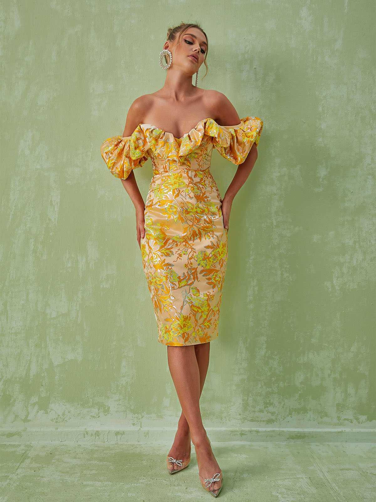 Kore Off Shoulder Jacquard Midi Dress-Mix MIx Style