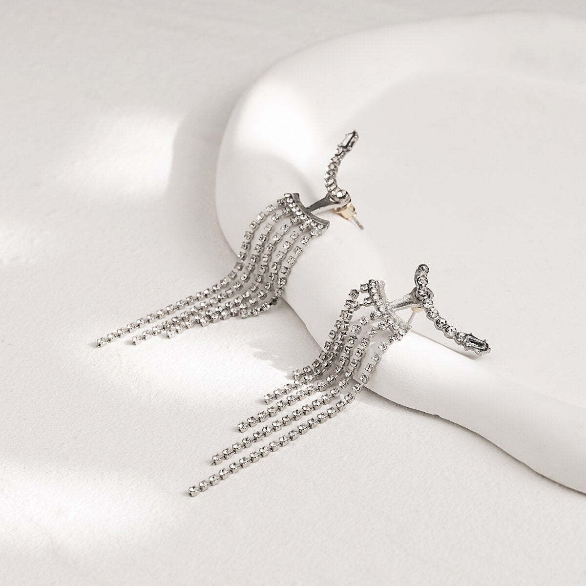 18k White Gold Plated Full Moissanite Diamonds Long Tassel Water Drop Earrings | Mix Mix Style-Mix MIx Style