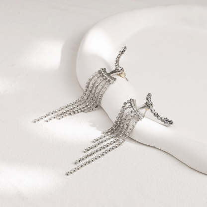 18k White Gold Plated Full Moissanite Diamonds Long Tassel Water Drop Earrings | Mix Mix Style-Mix MIx Style