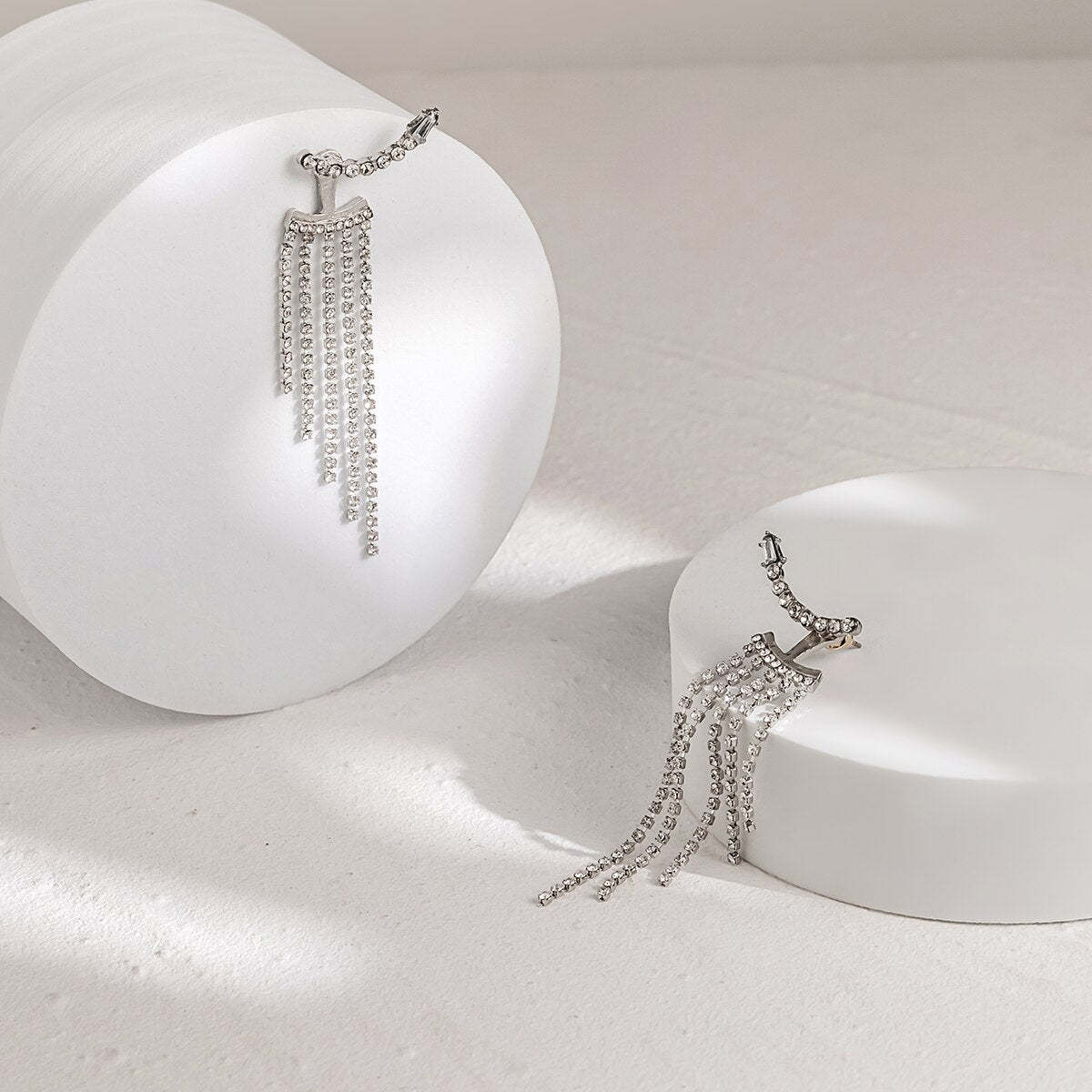 18k White Gold Plated Full Moissanite Diamonds Long Tassel Water Drop Earrings | Mix Mix Style-Mix MIx Style