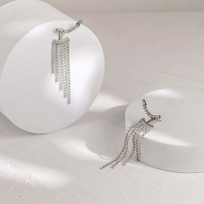 18k White Gold Plated Full Moissanite Diamonds Long Tassel Water Drop Earrings | Mix Mix Style-Mix MIx Style