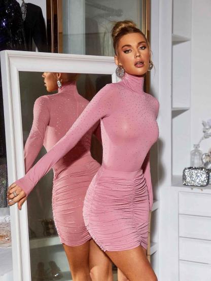 Kristina Rhinestone Ruched Skirt In Pink-Mix MIx Style