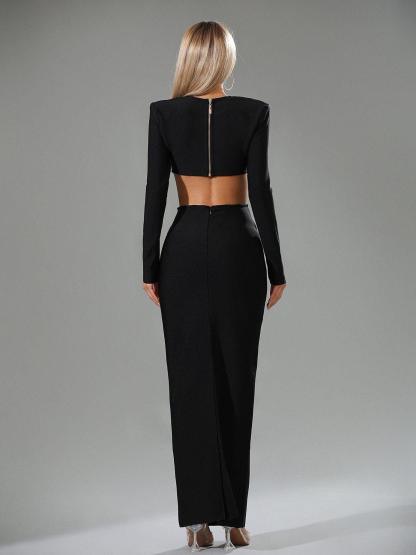 Black Cutout Bandage Long Sleeve Top & Maxi Skirt Set | Mix Mix Style [Hot Seller]-Mix MIx Style