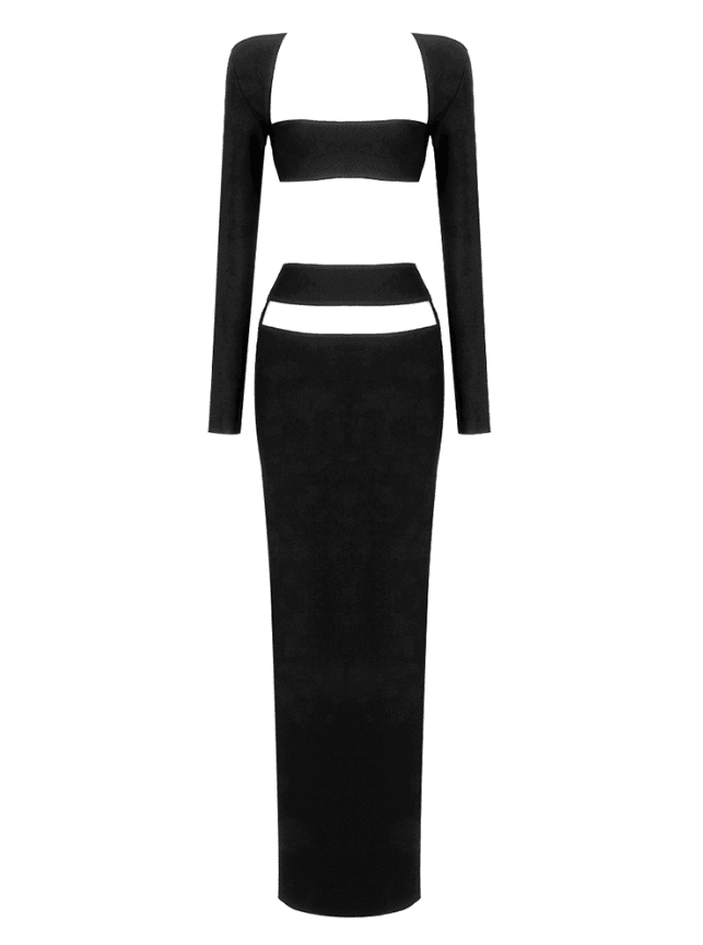 Black Cutout Bandage Long Sleeve Top & Maxi Skirt Set | Mix Mix Style [Hot Seller]-Mix MIx Style