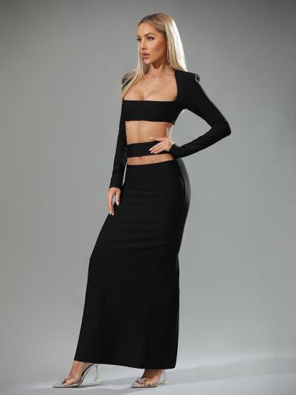 Black Cutout Bandage Long Sleeve Top & Maxi Skirt Set | Mix Mix Style [Hot Seller]-Mix MIx Style