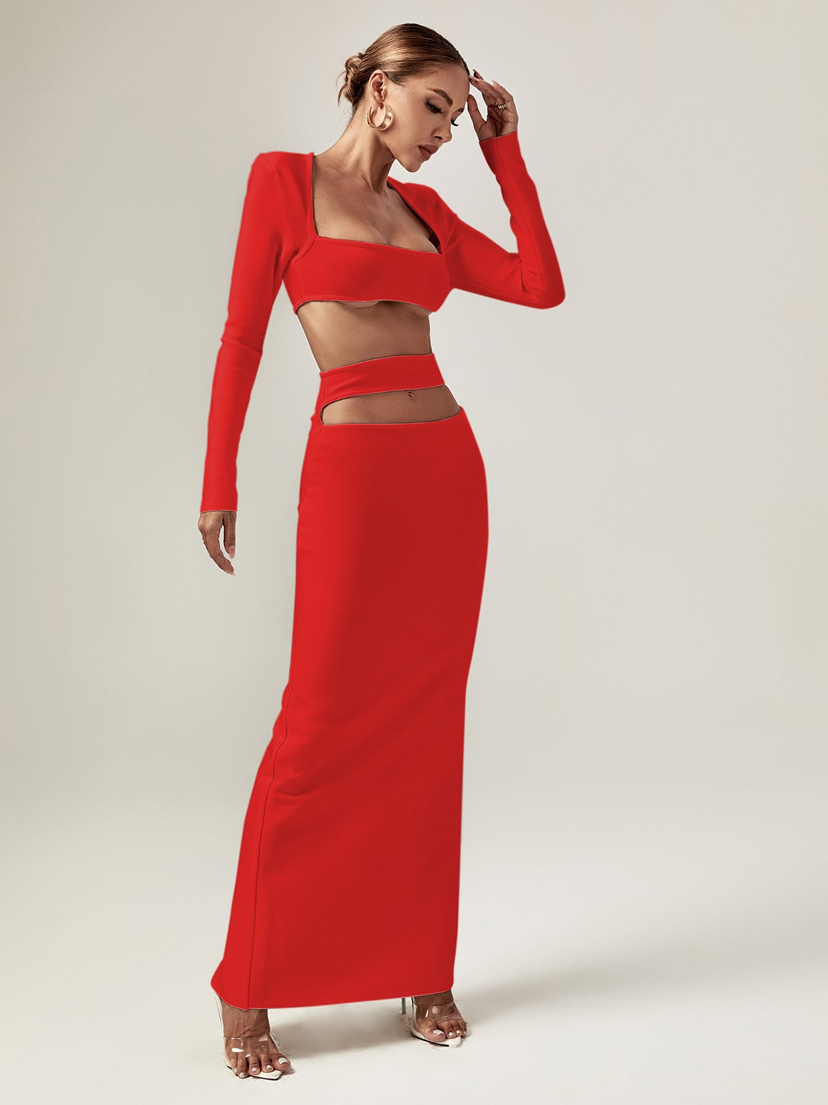 Red Cutout Bandage Long Sleeve Top & Midi Skirt Set | Mix Mix Style [Hot Seller]-Mix MIx Style