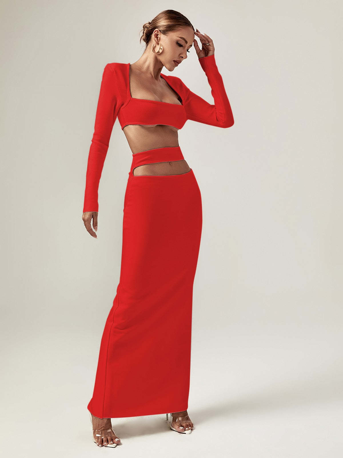Red Cutout Bandage Long Sleeve Top & Midi Skirt Set | Mix Mix Style [Hot Seller]-Mix MIx Style