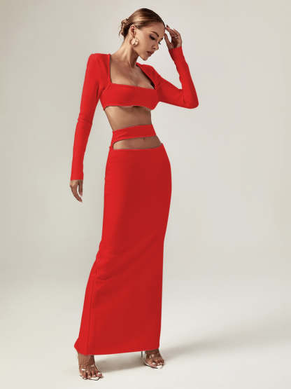 Red Cutout Bandage Long Sleeve Top & Midi Skirt Set | Mix Mix Style [Hot Seller]-Mix MIx Style