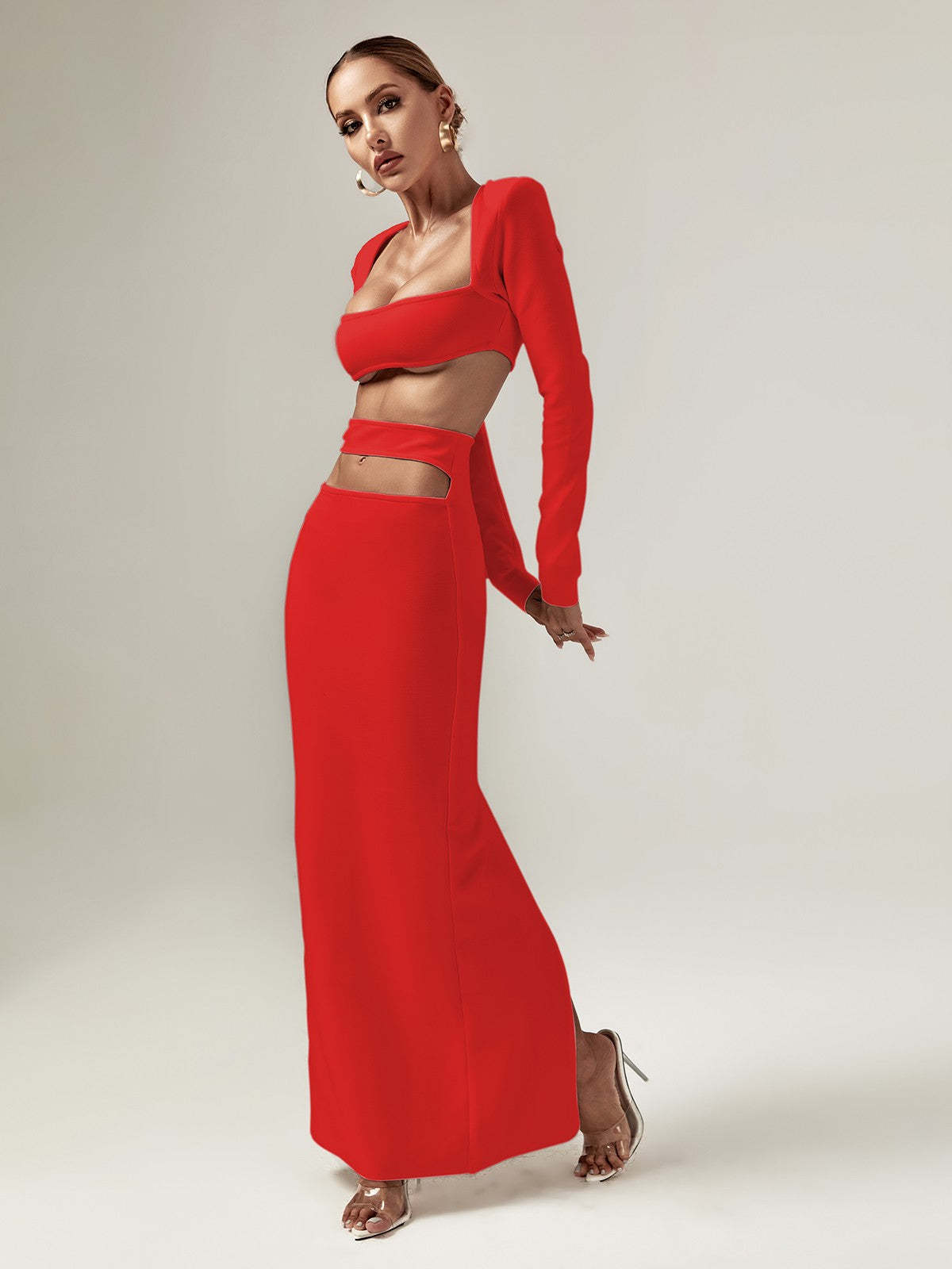 Red Cutout Bandage Long Sleeve Top & Midi Skirt Set | Mix Mix Style [Hot Seller]-Mix MIx Style