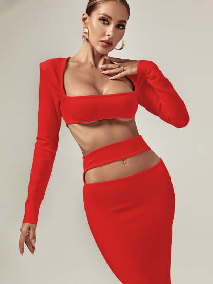 Red Cutout Bandage Long Sleeve Top & Midi Skirt Set | Mix Mix Style [Hot Seller]-Mix MIx Style