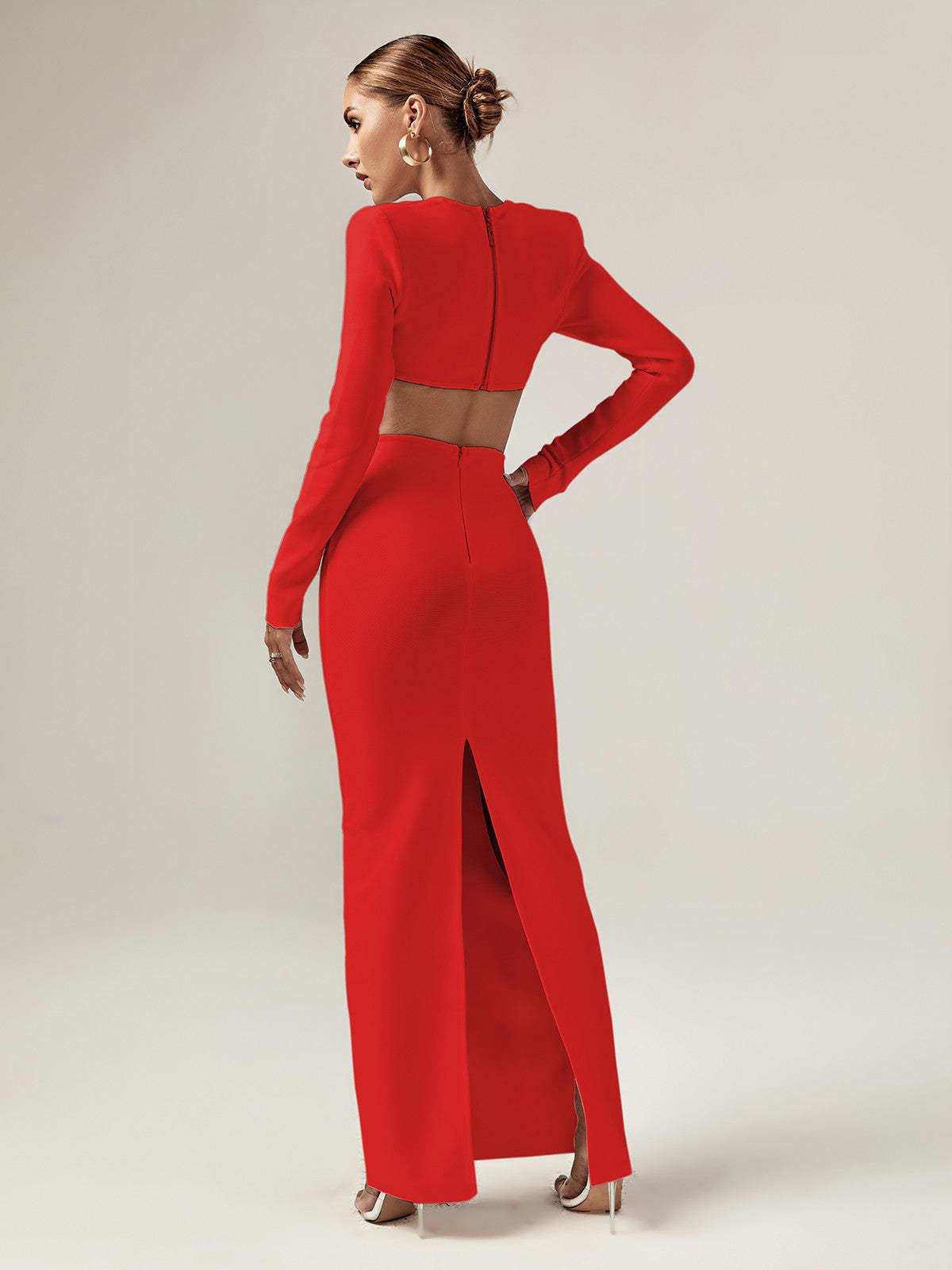 Red Cutout Bandage Long Sleeve Top & Midi Skirt Set | Mix Mix Style [Hot Seller]-Mix MIx Style