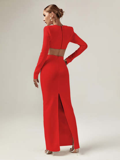 Red Cutout Bandage Long Sleeve Top & Midi Skirt Set | Mix Mix Style [Hot Seller]-Mix MIx Style