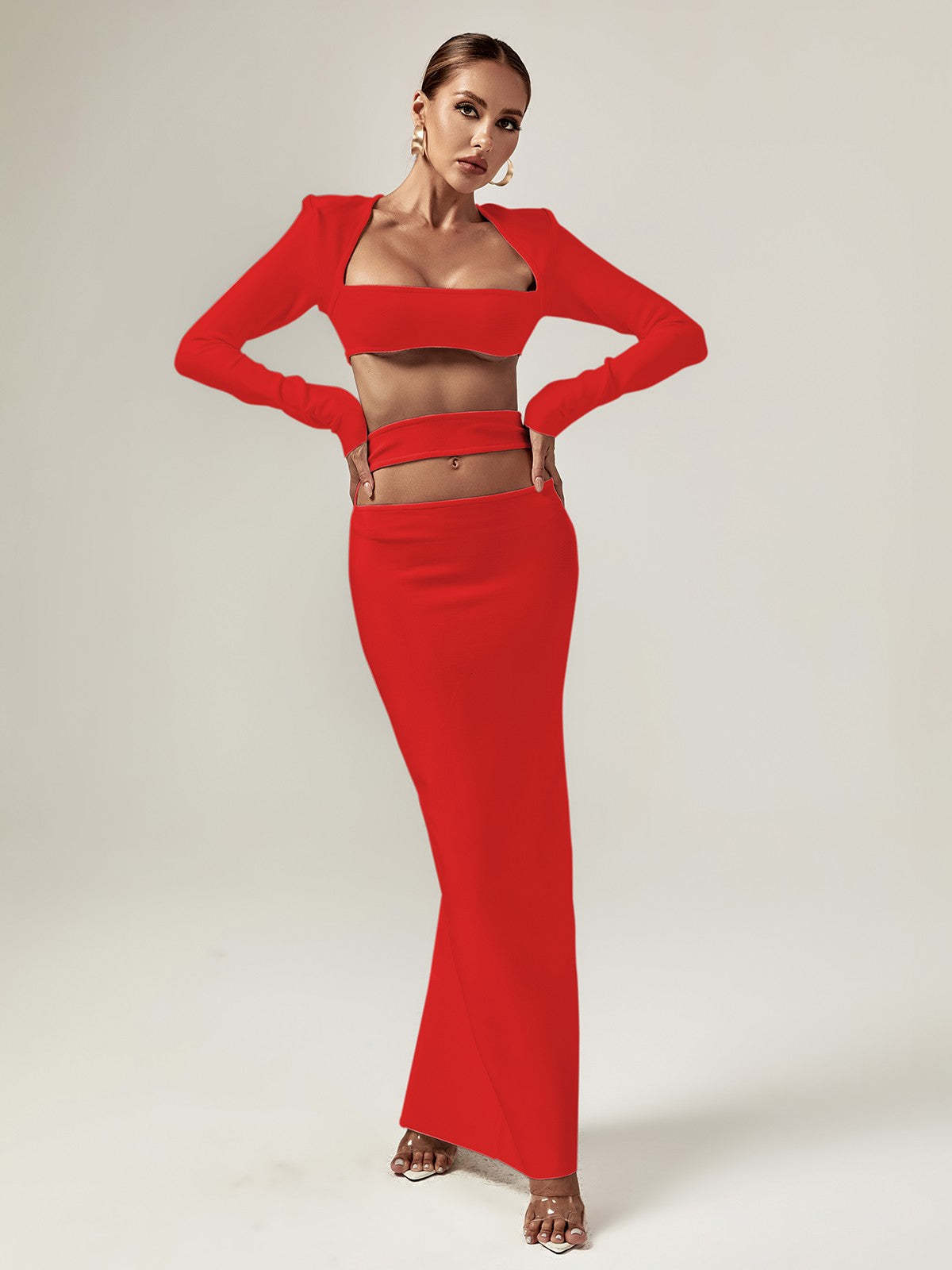 Red Cutout Bandage Long Sleeve Top & Midi Skirt Set | Mix Mix Style [Hot Seller]-Mix MIx Style