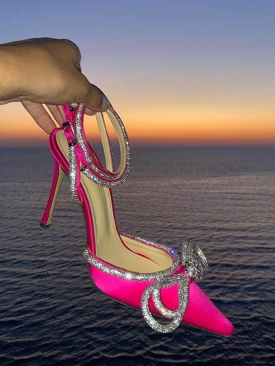 Laila Bow Crystal Satin Heels In Hot Pink-Mix MIx Style