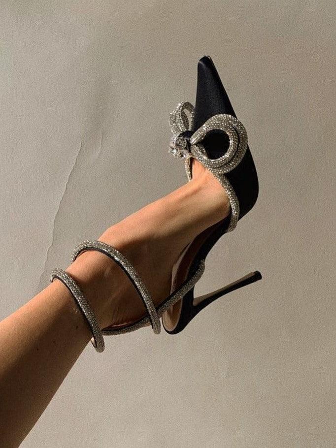 Laila Bow Crystal Satin Heels In Black-Mix MIx Style