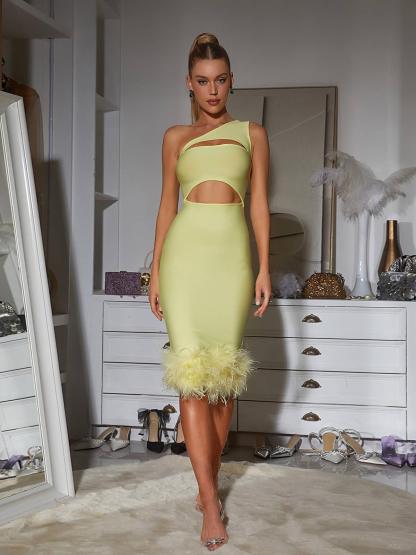 Yellow One Shoulder Cutout Bandage Dress | Mix Mix Style [Hot Seller]-Mix MIx Style
