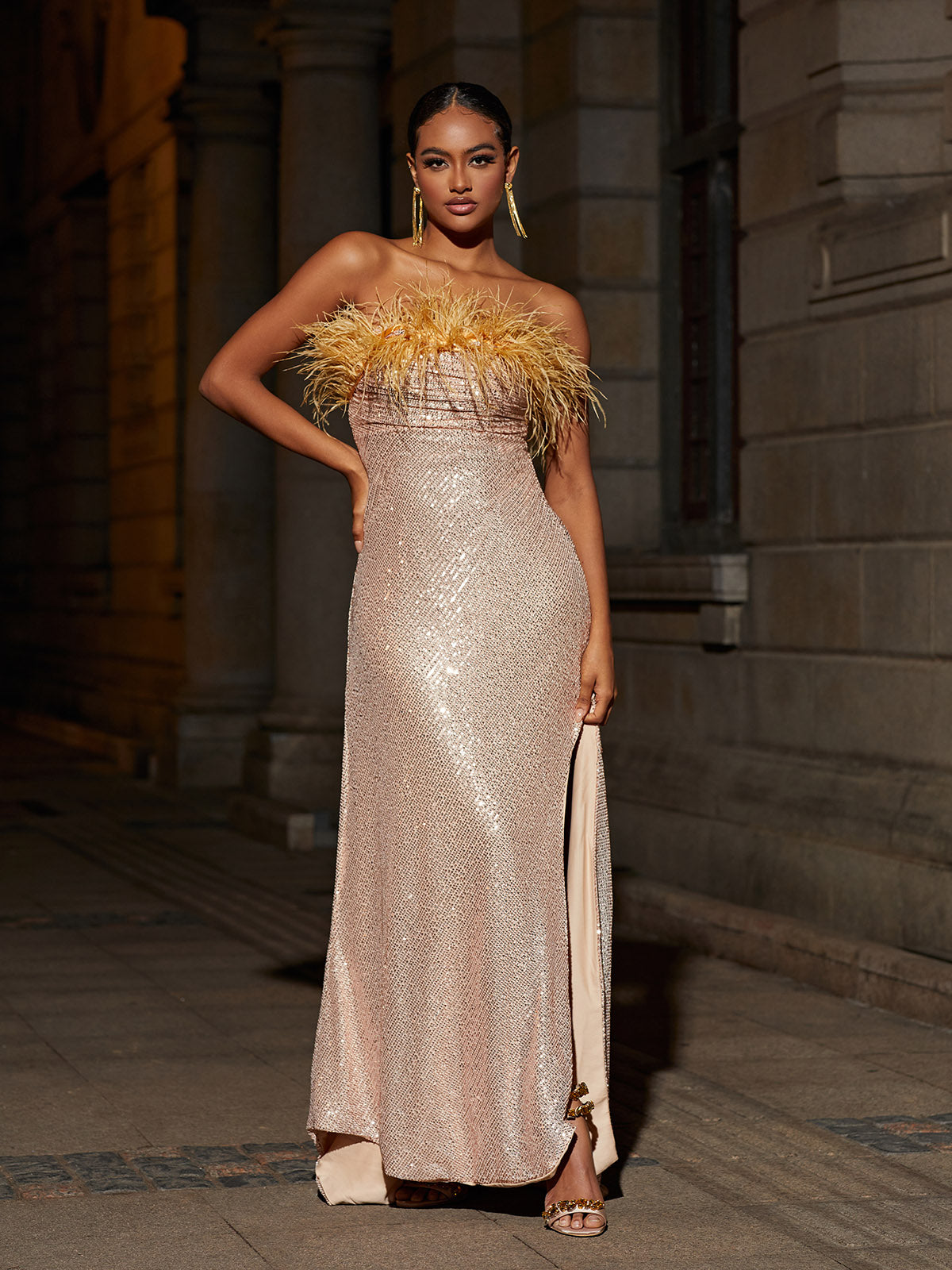 Beige Strapless Feather Sequin Maxi Dress | Mix Mix Style [Hot Seller]-Mix MIx Style