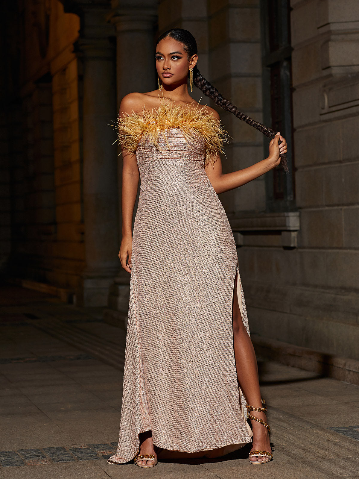 Beige Strapless Feather Sequin Maxi Dress | Mix Mix Style [Hot Seller]-Mix MIx Style