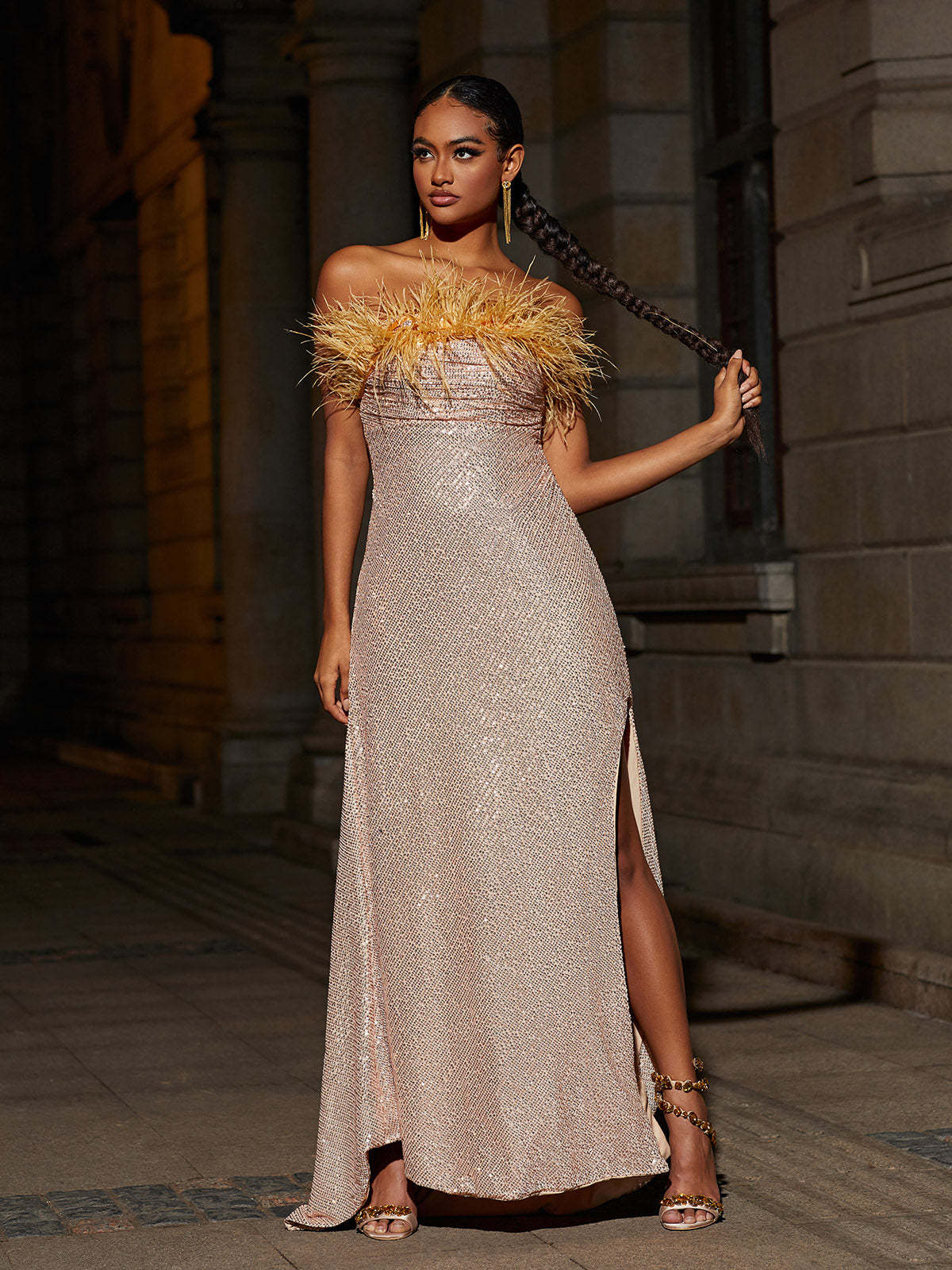 Beige Strapless Feather Sequin Maxi Dress | Mix Mix Style [Hot Seller]-Mix MIx Style