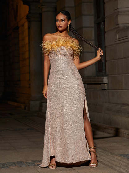 Beige Strapless Feather Sequin Maxi Dress | Mix Mix Style [Hot Seller]-Mix MIx Style