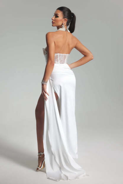 White Strapless  Backless Ireegular Split Corset Satin Summer Maxi Dress | Mix Mix Style