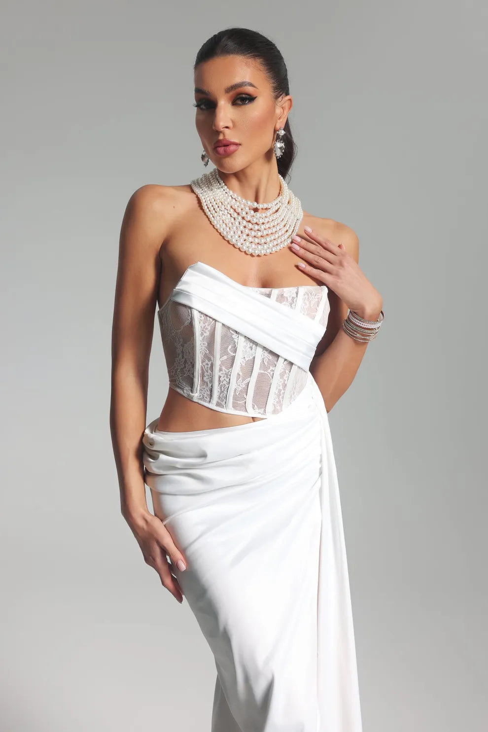 White Strapless  Backless Ireegular Split Corset Satin Summer Maxi Dress | Mix Mix Style