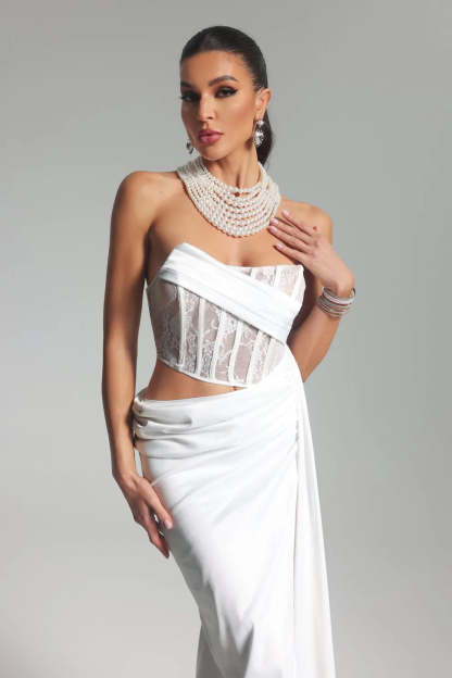 White Strapless  Backless Ireegular Split Corset Satin Summer Maxi Dress | Mix Mix Style