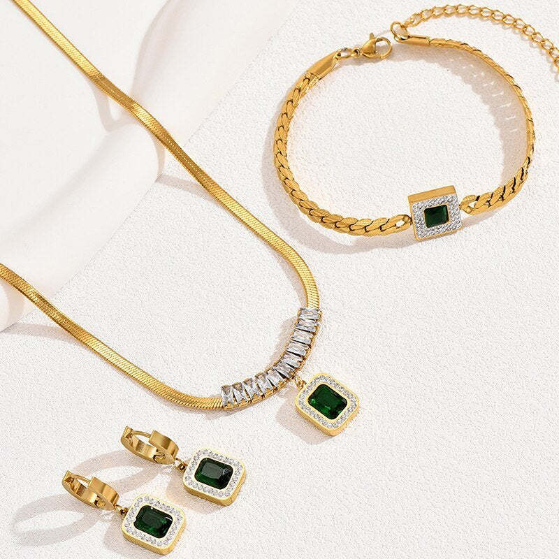 Leaf Floral Green Moissanite Jewelry Set - Adjustable Snake Chain 18k Gold Plated | Mix Mix Style [Hot Seller]-Mix MIx Style